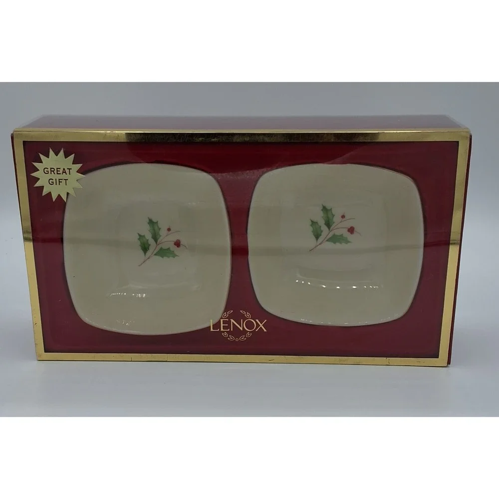 Lenox Holiday‎ Holly Square Trinket Nut Candy Dish Set of 2 New in Box